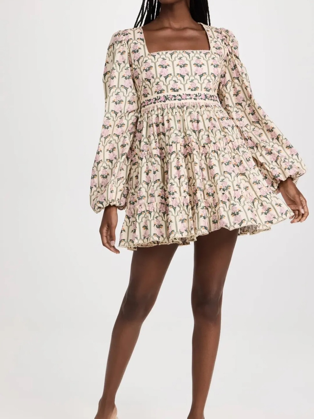 Agua by Agua Bendita Pink Floral Smocked Square-Neck Mini Dress